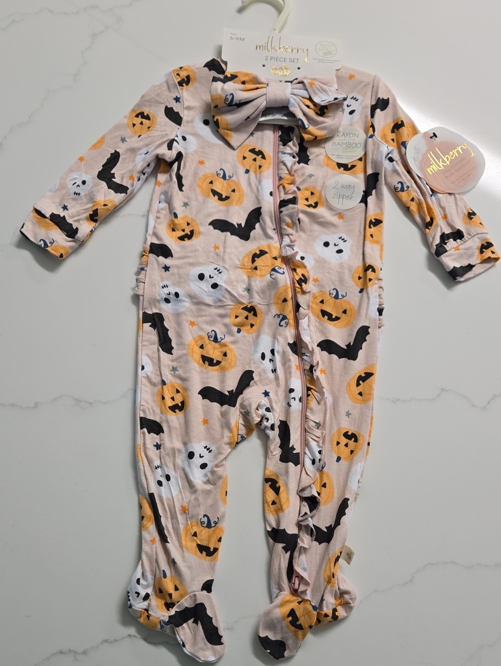 Milkberry Baby Girl Bamboo Sleeper Footie Headband Halloween 6-9 months NWT
